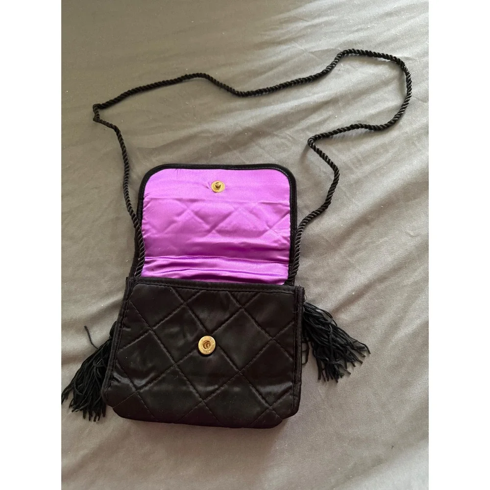 Vintage Black Quilted Satin Bow Crossbody Bag Purple Lining Tassel Evening Purse